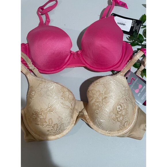 Maidenform Demi Coverage Push-Up Bras Set Of 2 - Beige Lace & Pink Satin-Size36B - Picture 8 of 9